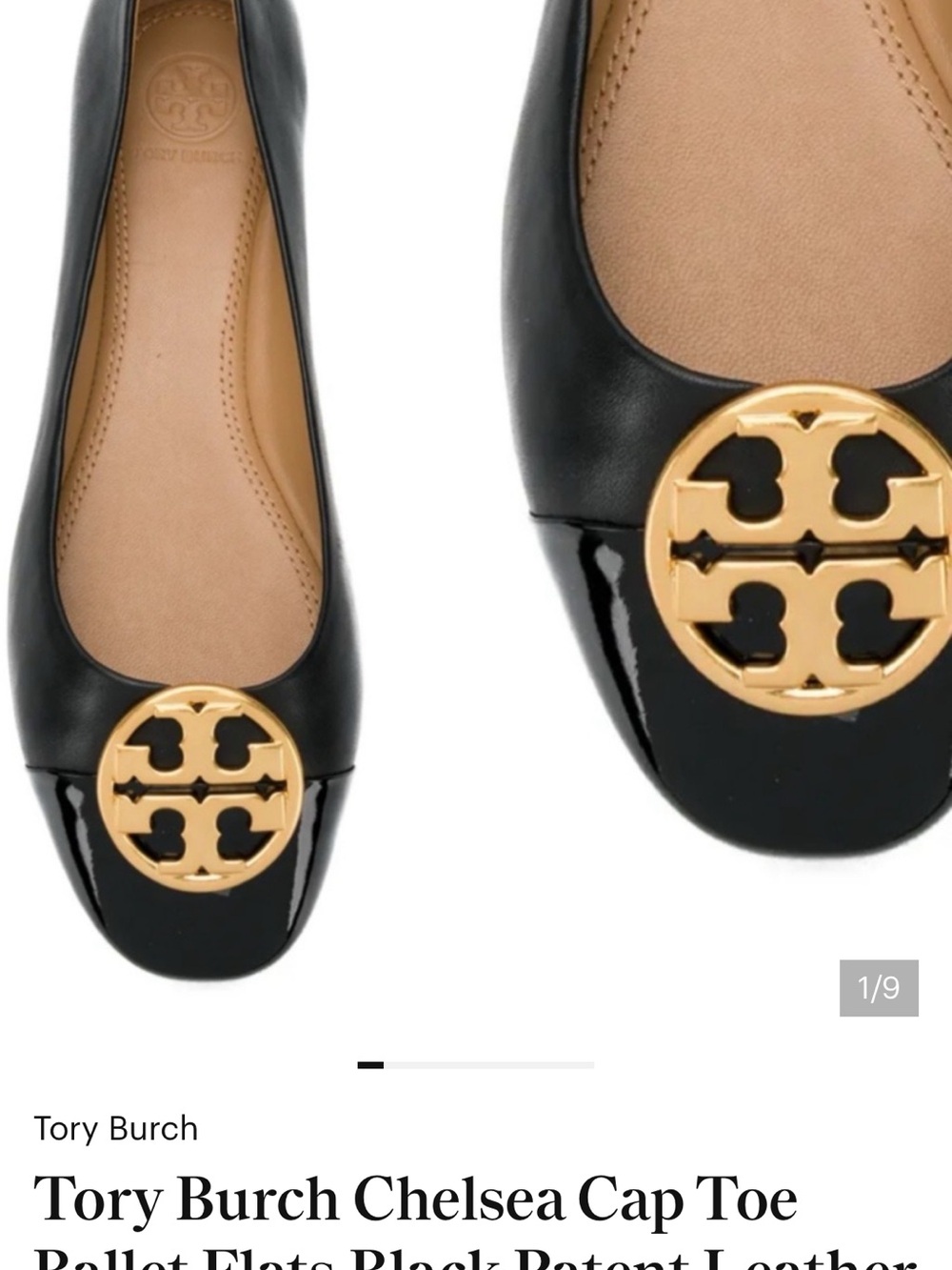 Tory Burch Black Leather Cap-Toe Ballet Flats with Gold Logo